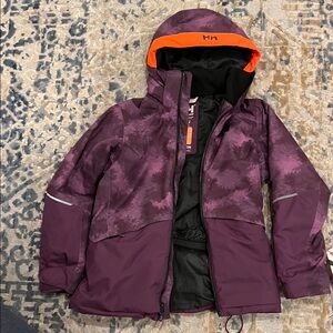 Helly Hansen Kids' Dark Purple Ski Jacket Puffer with Bright Orange Trim